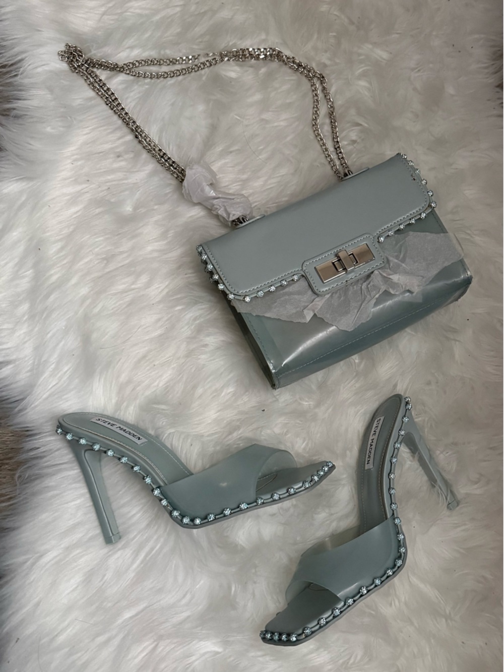 STEVE MADDEN Elegant Women's Light Blue Pearl-Trim Heels (Shoes Only)